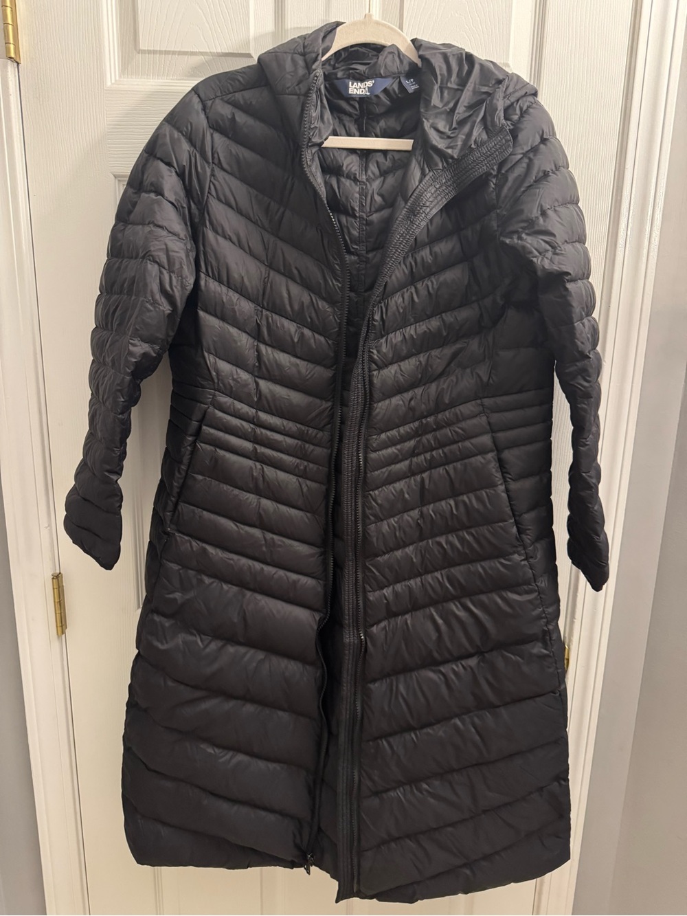 Lands' End Black Long Hooded Quilted Puffer Coat